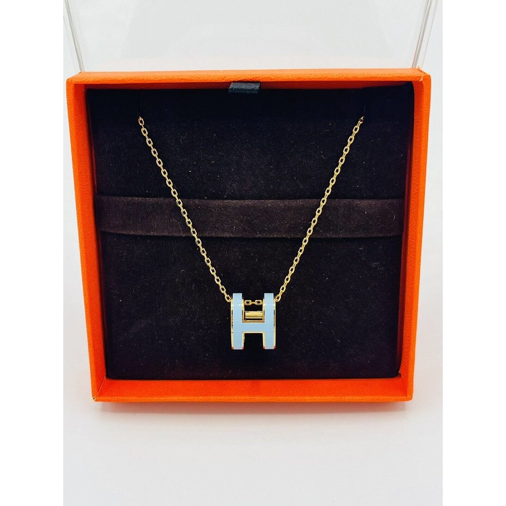 Hermes Pop H Carolina Blue / Yellow Gold Necklace